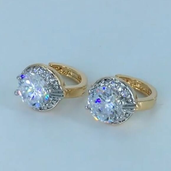 14K Yellow Gold with White Diamond Cubic Zirconia Halo Huggie Hoop Drop Earrings - Picture 11 of 13